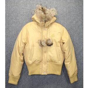 VTG Rocawear Puffer Jacket Womens Large Hoodie Fur Trim Gold Tan